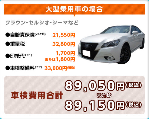 大型乗用車の場合 自賠責保険 重量税 印刷代 車検整備料 車検費用合計 89050円また89150円